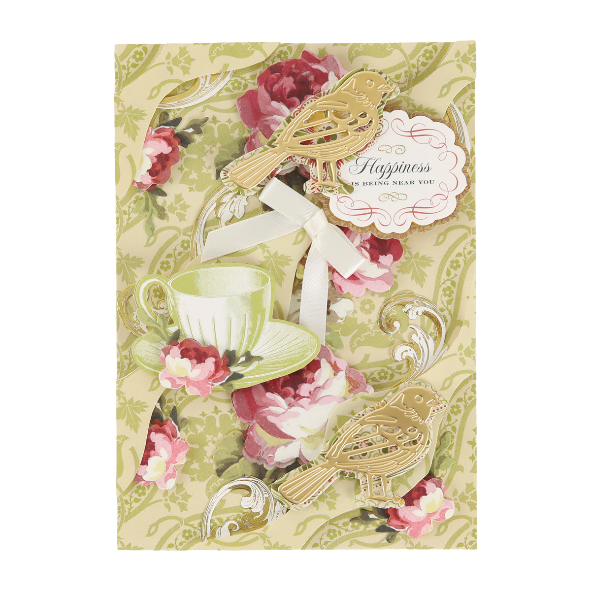 Handmade vintage card created with a Haven Papercrafting Kit with Dies, featuring gold die-cut birds, a teacup, and a floral background with the label “Happiness IS BEING NEAR YOU.”