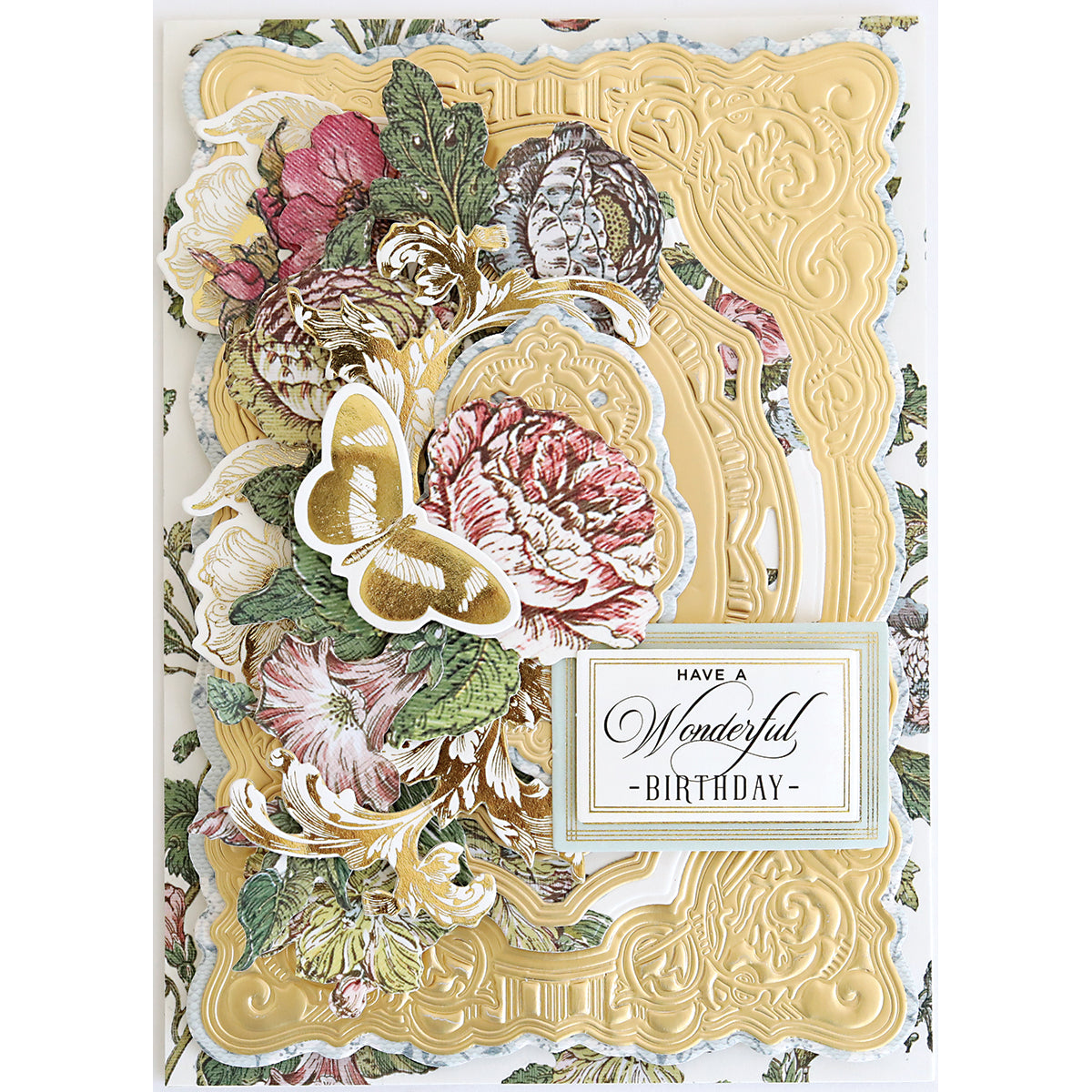 Birthday card featuring ornate scroll corners made with the Scroll Corner Concentric Frames 3D Die Set, layered floral and butterfly designs, and a “Have a Wonderful Birthday” label.