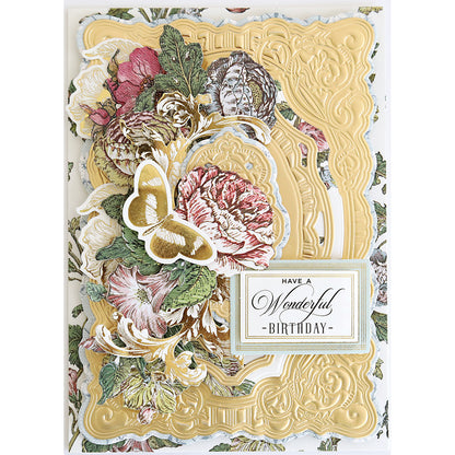 Birthday card featuring ornate scroll corners made with the Scroll Corner Concentric Frames 3D Die Set, layered floral and butterfly designs, and a “Have a Wonderful Birthday” label.
