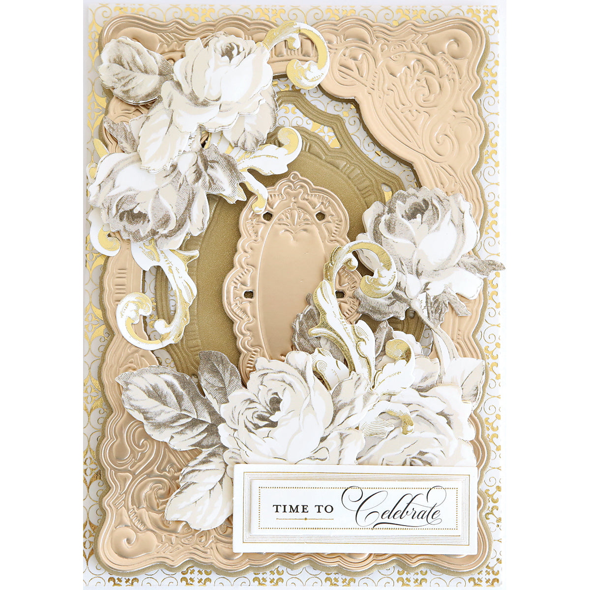This ornate greeting card features layered beige and gold frames made with the Scroll Corner Concentric Frames 3D Die Set, delicate white flowers, and a "Time to Celebrate" label for an elegant, intricate look inspired by decorative dies.