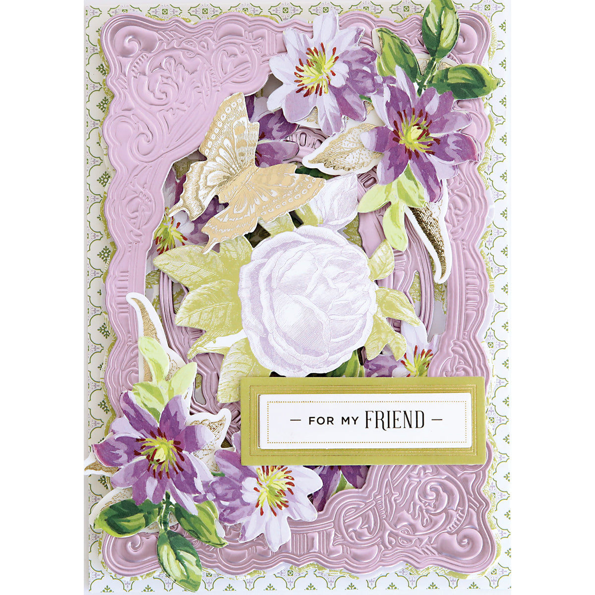 A decorative card created with the Scroll Corner Concentric Frames 3D Die Set, featuring embossed pink and gold florals, purple and white flowers, ornate scrollwork, and a "For My Friend" label.