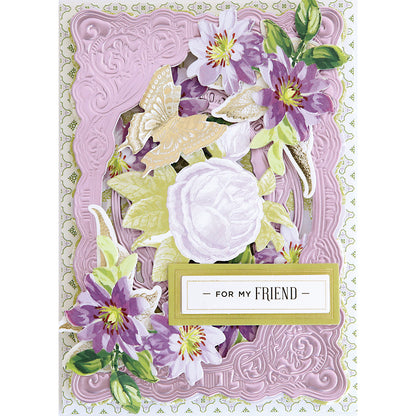 A decorative card created with the Scroll Corner Concentric Frames 3D Die Set, featuring embossed pink and gold florals, purple and white flowers, ornate scrollwork, and a "For My Friend" label.
