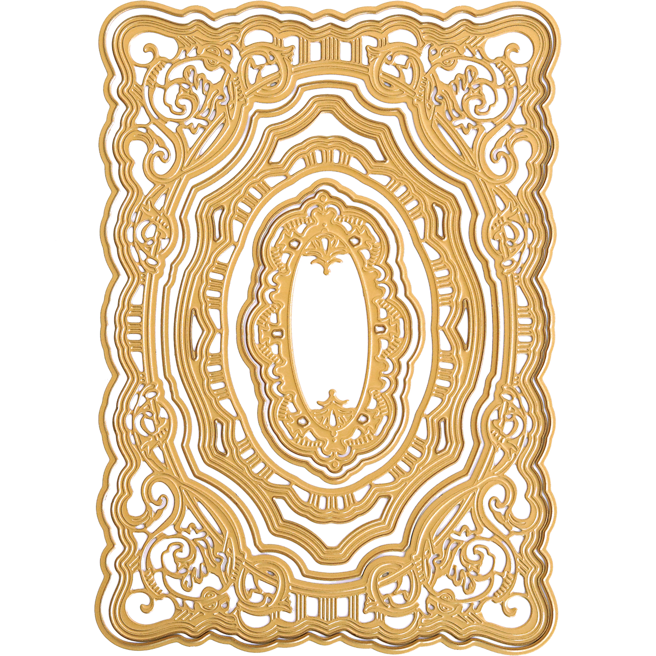 The Scroll Corner Concentric Frames 3D Die Set features an intricately designed gold-colored rectangular frame with ornate scrollwork and a central oval opening, reminiscent of decorative frame dies, set against a plain background.