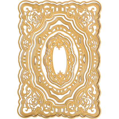 The Scroll Corner Concentric Frames 3D Die Set features an intricately designed gold-colored rectangular frame with ornate scrollwork and a central oval opening, reminiscent of decorative frame dies, set against a plain background.