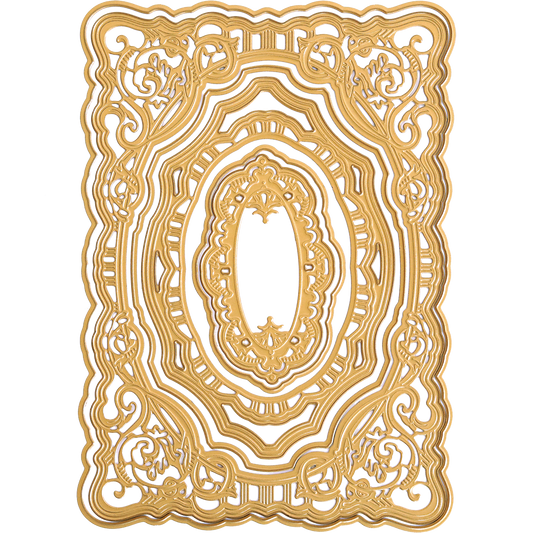 The Scroll Corner Concentric Frames 3D Die Set features an intricately designed gold-colored rectangular frame with ornate scrollwork and a central oval opening, reminiscent of decorative frame dies, set against a plain background.