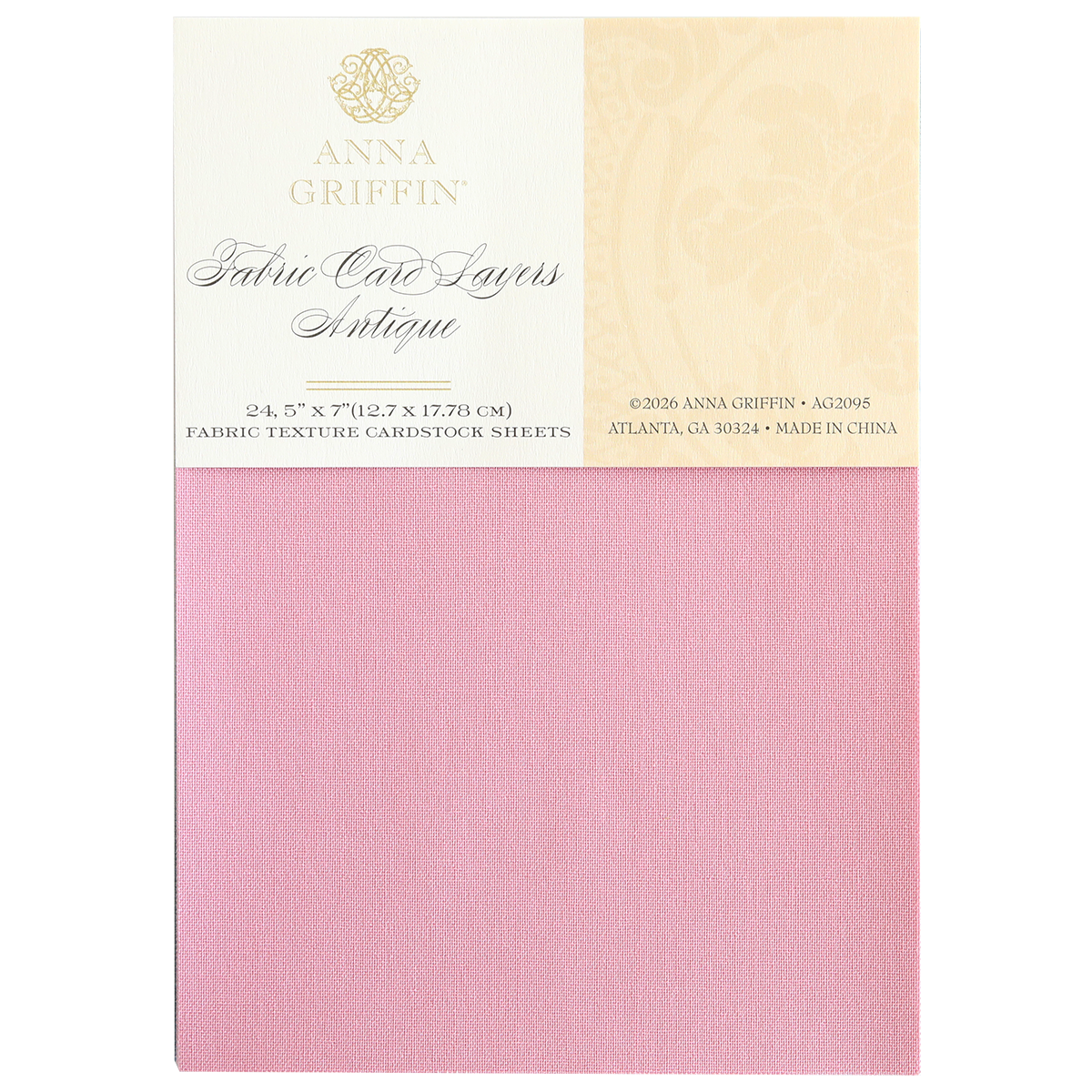 A package of Fabric Card Layers Antique in pink, measuring 24.5" x 7", perfect for card design and paper crafting, made in China.
