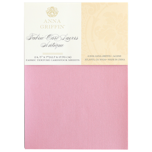 A package of Fabric Card Layers Antique in pink, measuring 24.5" x 7", perfect for card design and paper crafting, made in China.