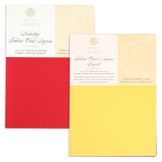 Two packs of Merry and Bright Fabric Card Layers, in red and yellow, are shown side by side on a white background—ideal for holiday cards.