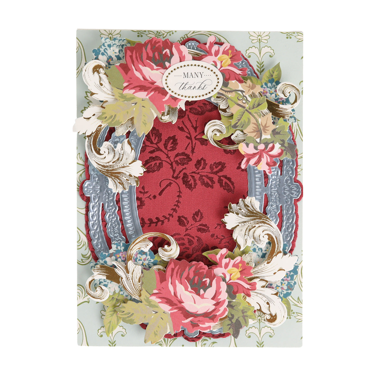 Bright Fabric Card Layers feature vibrant floral designs and an ornate frame, with a top label that reads “Many thanks” on a patterned background—perfect for scrapbooking or card making enthusiasts.