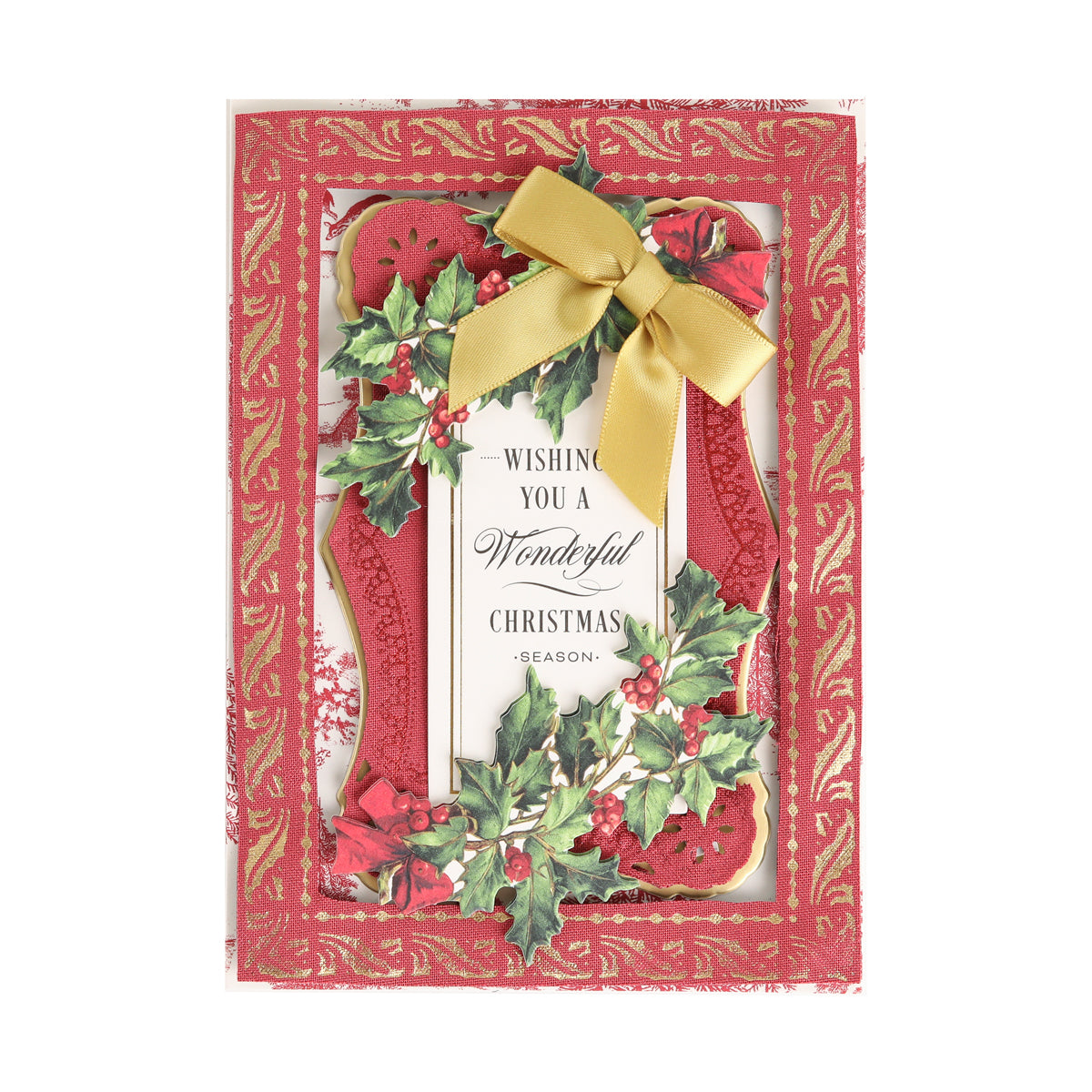Introducing Bright Fabric Card Layers: a decorative Christmas card featuring holly, a gold ribbon, and the heartfelt message “Wishing you a wonderful Christmas season,” beautifully framed by a red and gold festive border. Perfect for scrapbooking or card making, these elegant Bright Fabric Card Layers add extra texture and charm to every creation.