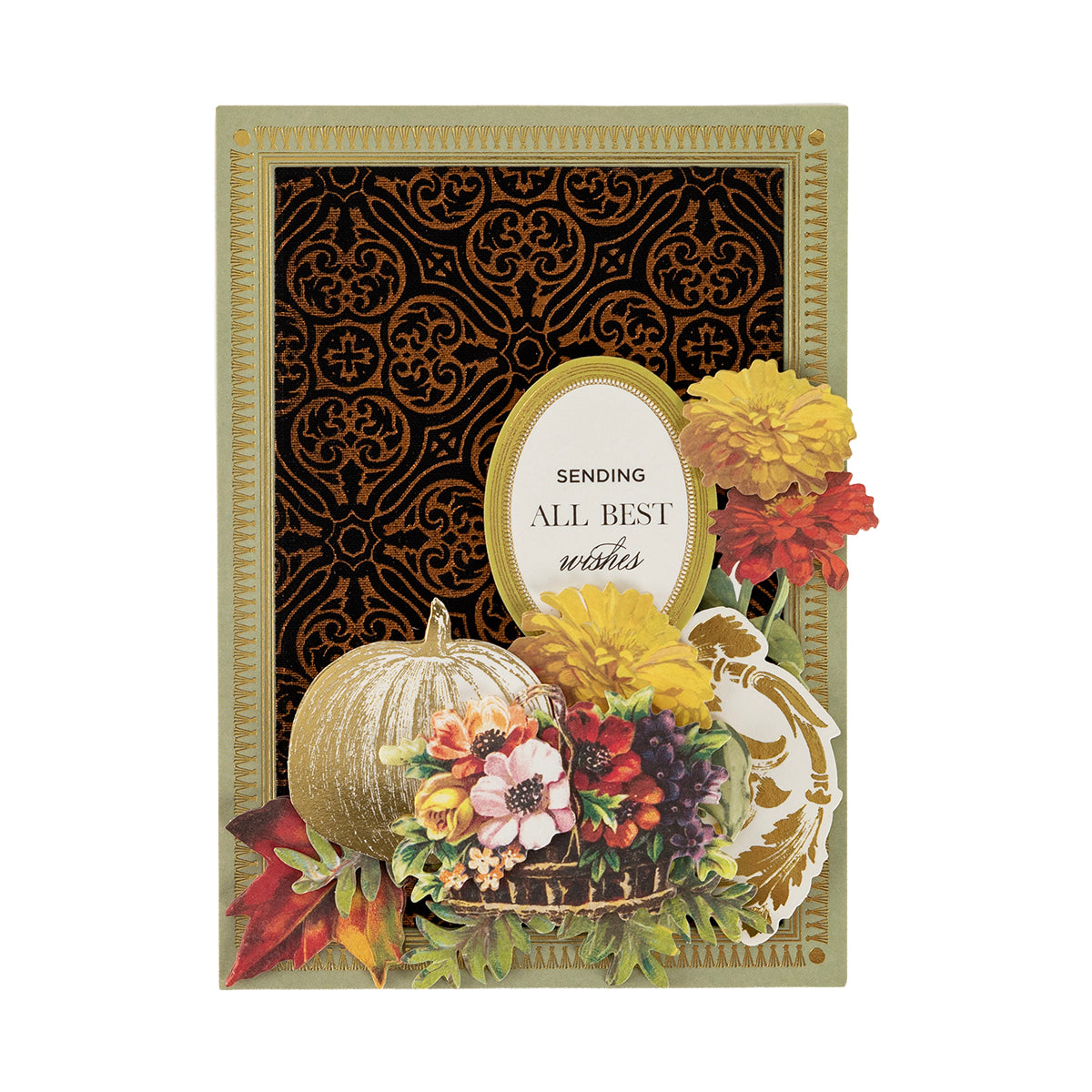Dark Fabric Card Layers feature a gold border, ornate black background, and autumn florals—ideal for 5″ x 7″ card making with fabric sheets for unique texture and style.