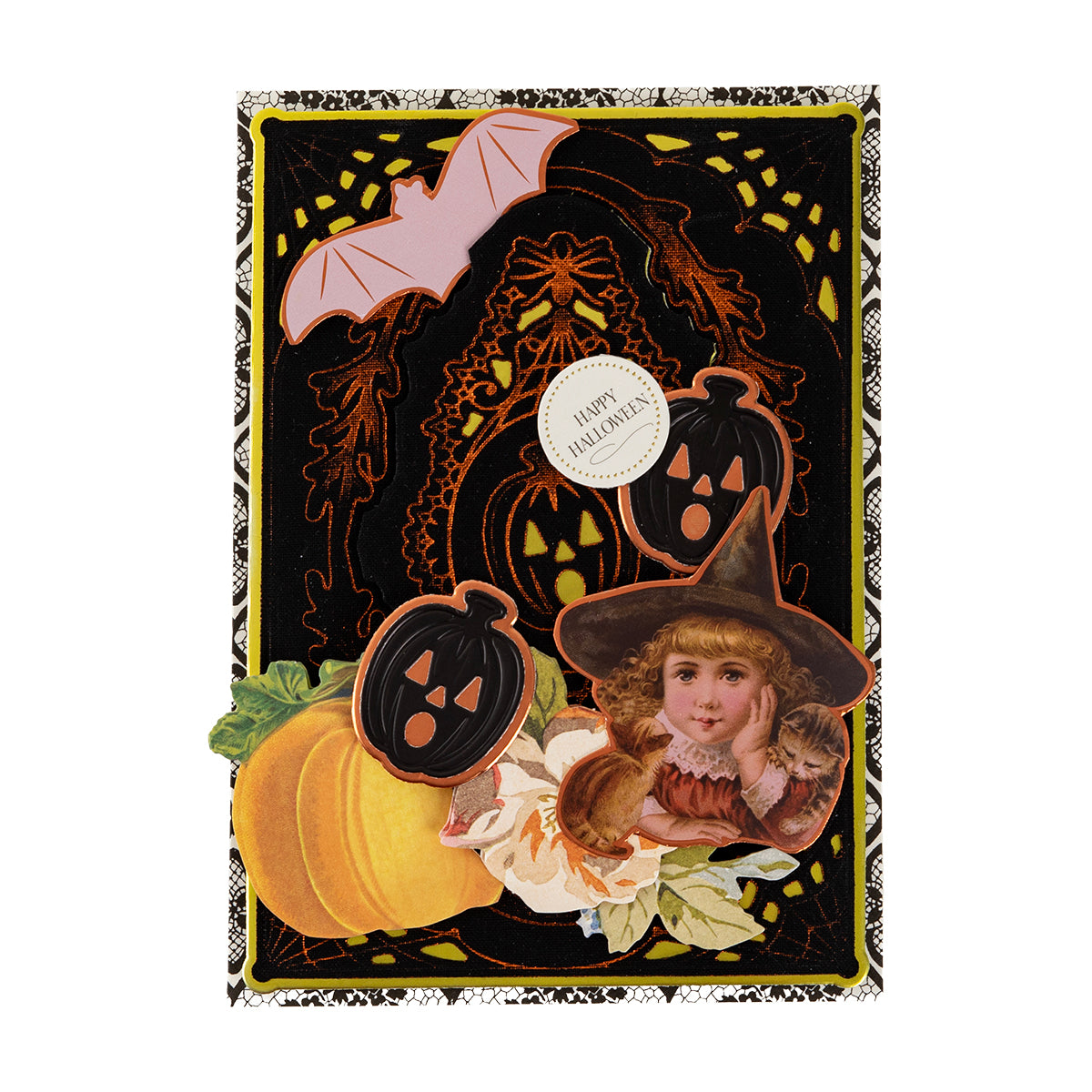 Send spooky greetings with Dark Fabric Card Layers—5″ x 7″ fabric sheets featuring bats, black lace, jack-o’-lanterns, and a witchy girl. “Happy Halloween” inside.