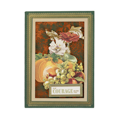 Decorative card with floral and fruit art, ornate border, and “May courage guide you”—perfect for card making with 5″ x 7″ Dark Fabric Card Layers.