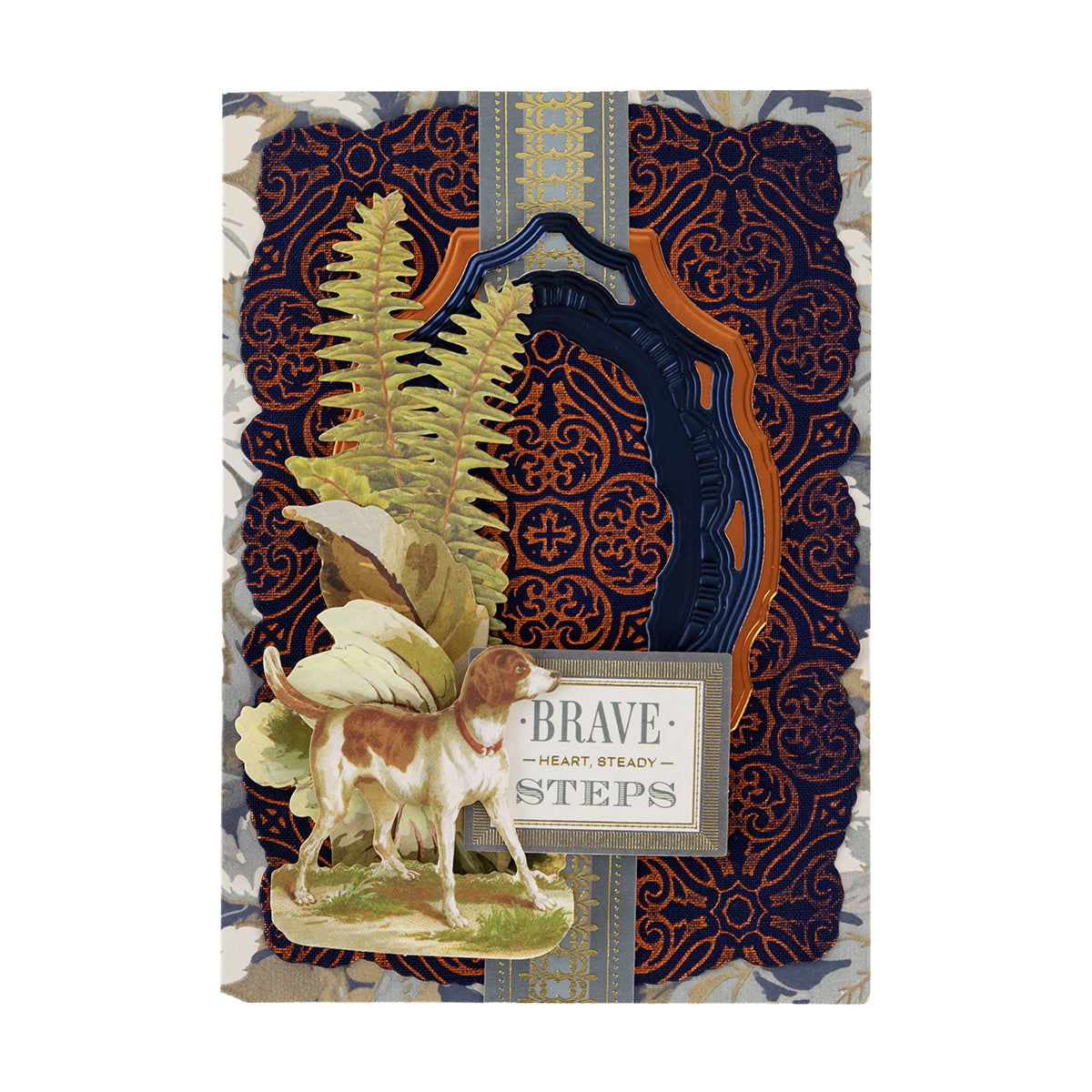 The “BRAVE HEART, STEADY STEPS.” cover features ornate patterns, ferns, and a dog—perfect for card making or Dark Fabric Card Layers projects.