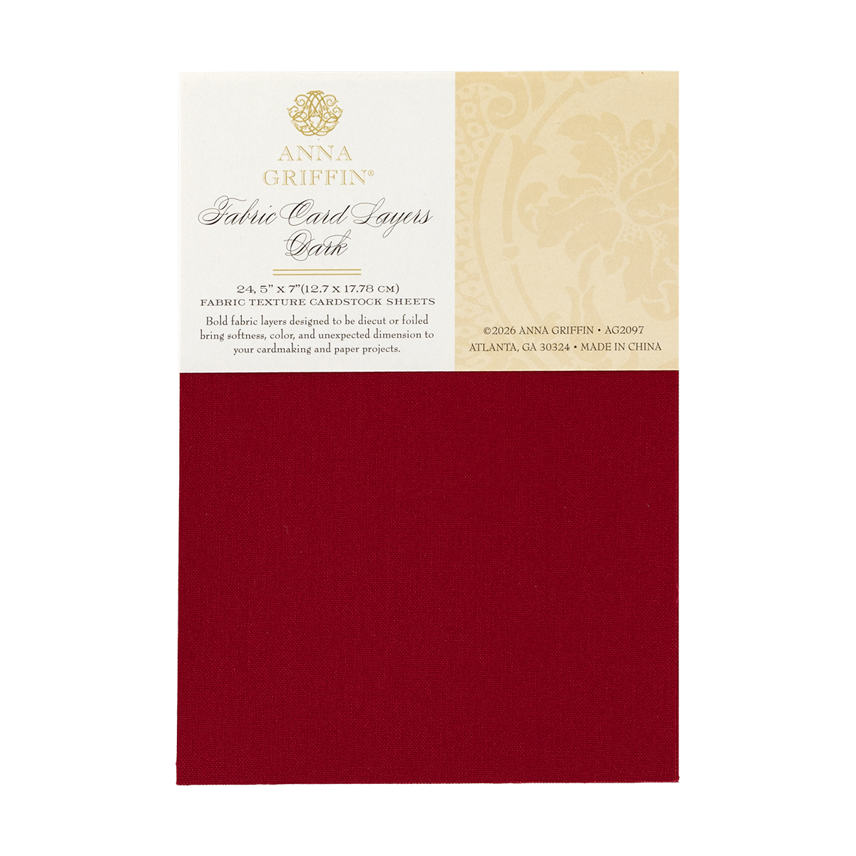 A package of Dark Fabric Card Layers in dark red for card making, with product info on the label and a 5″ x 7″ fabric sheet sample below.