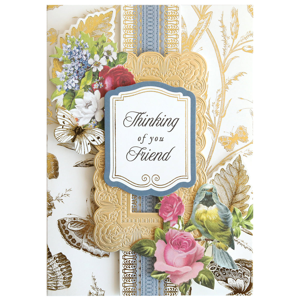 The In The Garden Ultimate Paper Crafting Kit includes a "Thinking of you Friend" greeting card with gold patterns, flowers, butterflies, and a bird—ideal for scrapbooking or cardmaking projects.