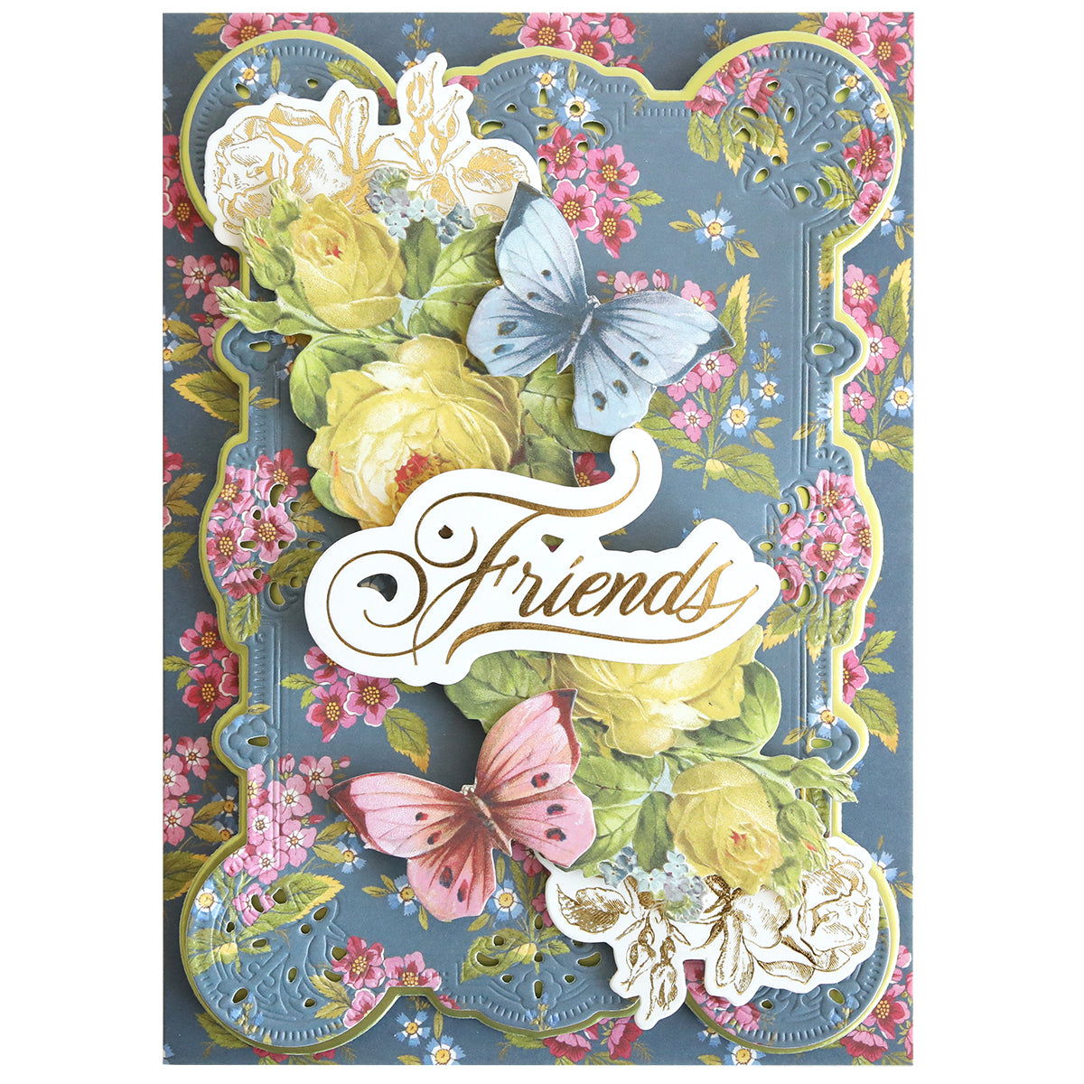 The In The Garden Ultimate Paper Crafting Kit features a decorative card for cardmaking with floral patterns, two butterflies, and "Friends" in gold script at the center.