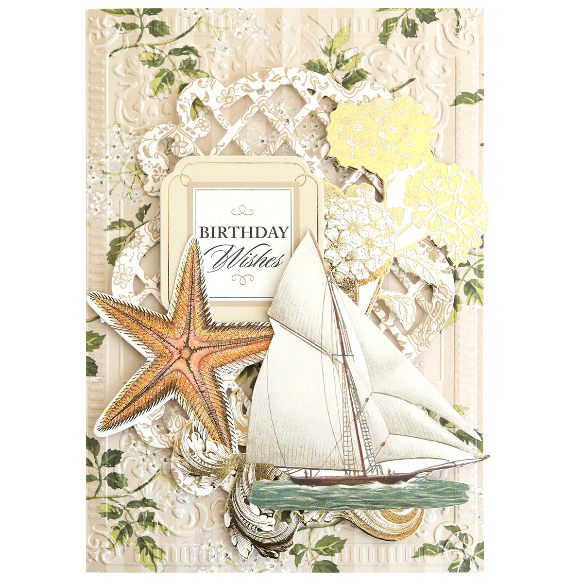 The Summer House Cardstock and Embellishments set features "Birthday Wishes" text with a sailboat, starfish, yellow flowers, and ornate patterns—ideal for coastal scrapbooking or nautical-themed projects.