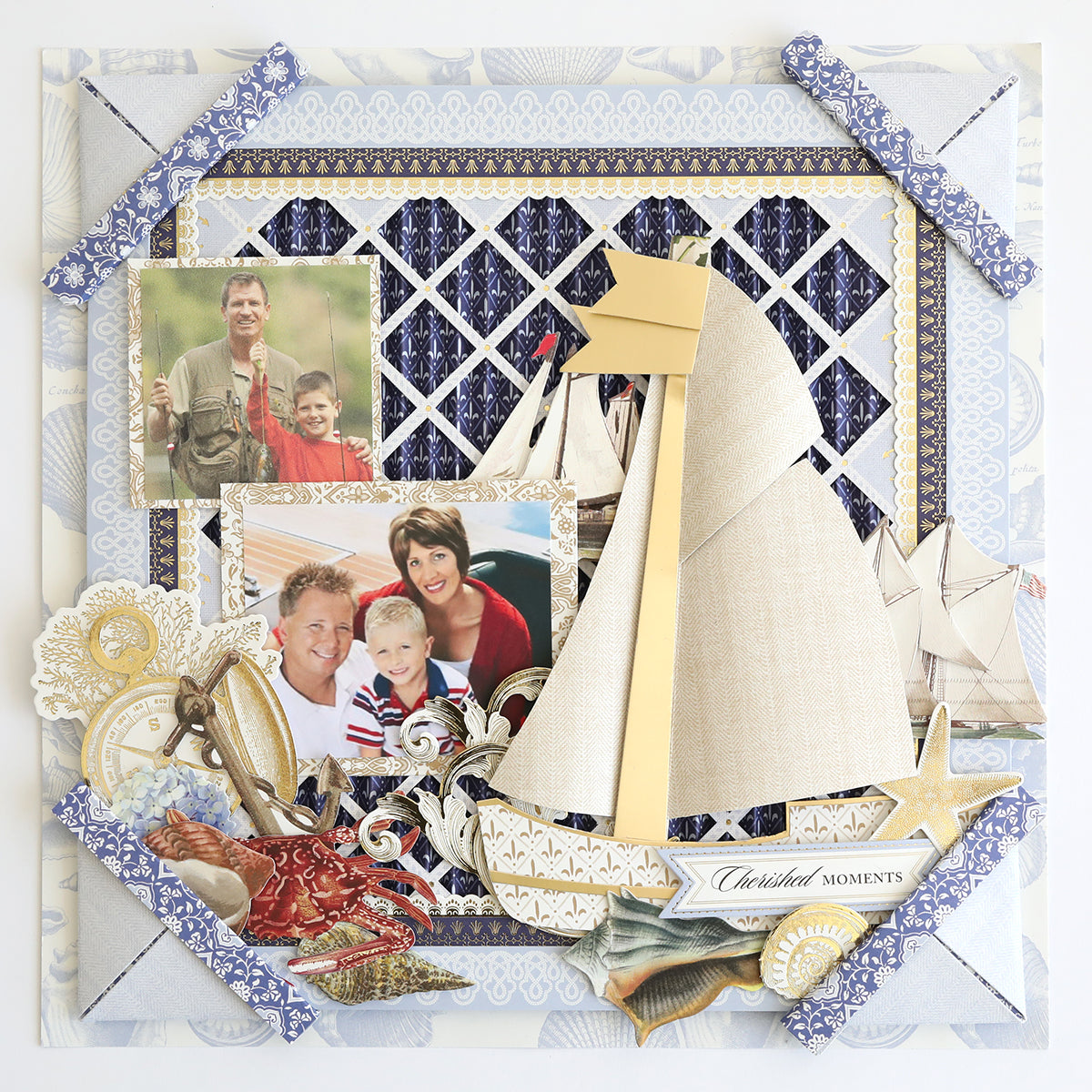 Create a coastal-themed scrapbook page featuring family photos, nautical decorations, a sailboat cutout, seashells, and “Cherished Moments” using Summer House Cardstock and Embellishments—ideal for preserving seaside memories.