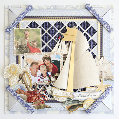 Create a coastal-themed scrapbook page featuring family photos, nautical decorations, a sailboat cutout, seashells, and “Cherished Moments” using Summer House Cardstock and Embellishments—ideal for preserving seaside memories.