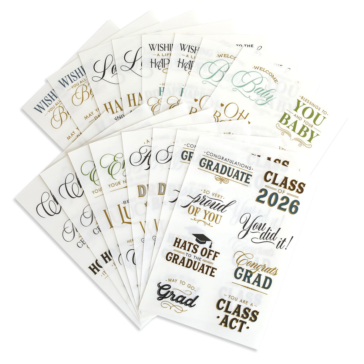 Marvelous Milestones Rub On Sentiments: A set of decorative cards with gold and black congratulatory messages for graduates and new babies, perfect for handmade cards or memory-keeping projects, shown fanned out.