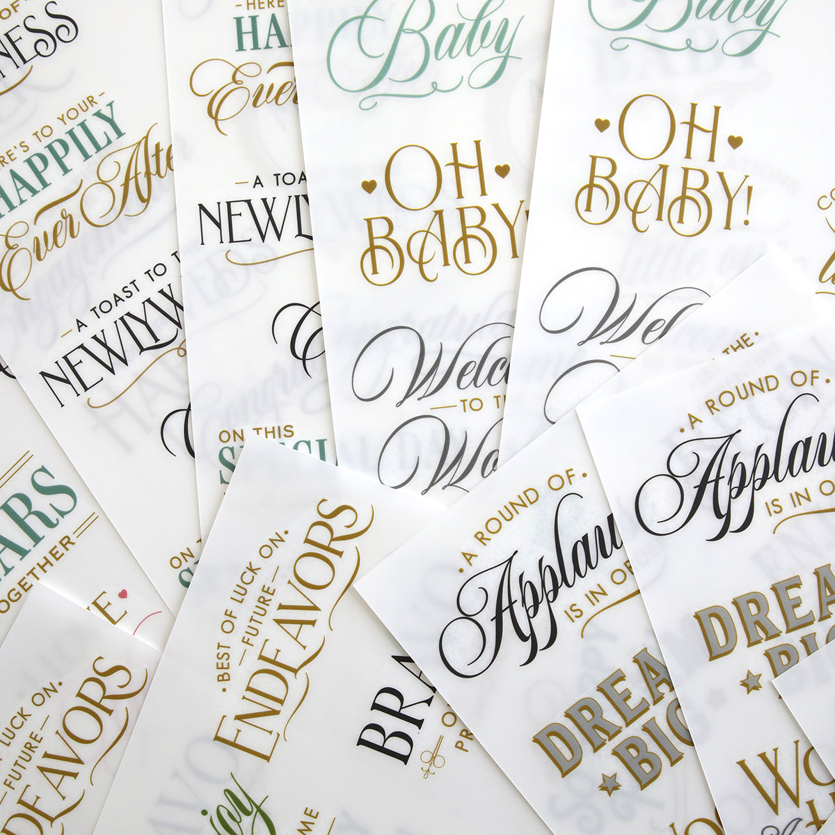 Marvelous Milestones Rub On Sentiments: assorted decorative text stickers for occasions like weddings and baby showers—ideal for handmade cards and memory keeping, featuring gold, black, and green fonts.