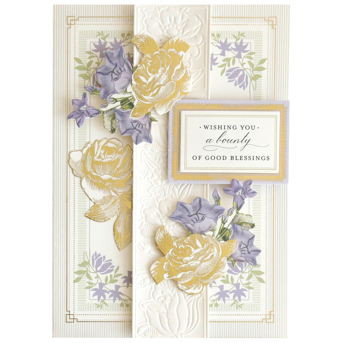 Greeting card made from Luxury Ivory Soft Matte 250gsm Cardstock, embossed with yellow and purple flowers and featuring the message, "Wishing you a bounty of good blessings.