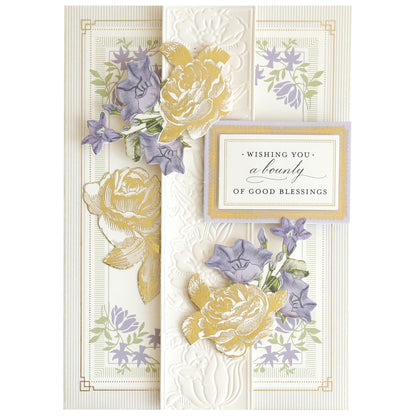 Greeting card made from Luxury Ivory Soft Matte 250gsm Cardstock, embossed with yellow and purple flowers and featuring the message, "Wishing you a bounty of good blessings.