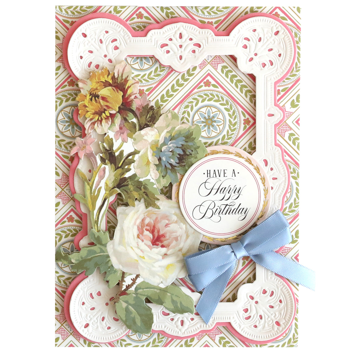 A decorative birthday card with floral designs, ornate white frame, blue ribbon, and “Have a Happy Birthday” label, printed on Luxury Ivory Soft Matte 250gsm Cardstock for an elegant finish.