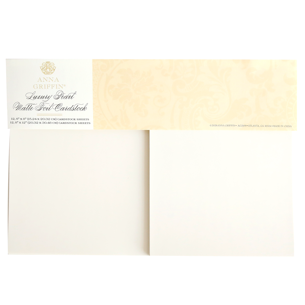 An open pack of Luxury Ivory Soft Matte 250gsm Cardstock features bisque-colored sheets with a matte finish and a decorative packaging label in the top left corner.