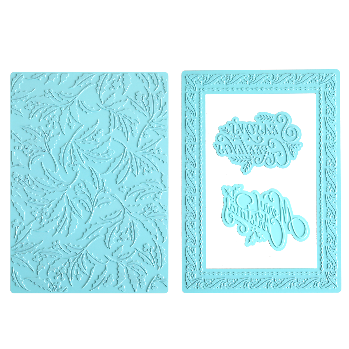 Two light blue silicone embossing mats—one featuring a leaf pattern, the other with a bordered frame and two mirrored decorative text designs in the center—perfect for adding elegant texture to your holiday card making or pairing with the Gilded Christmas Hot Foil Plate Bundle for a gilded finish.