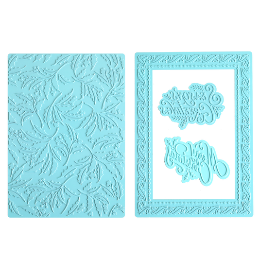 Two light blue silicone embossing mats—one featuring a leaf pattern, the other with a bordered frame and two mirrored decorative text designs in the center—perfect for adding elegant texture to your holiday card making or pairing with the Gilded Christmas Hot Foil Plate Bundle for a gilded finish.