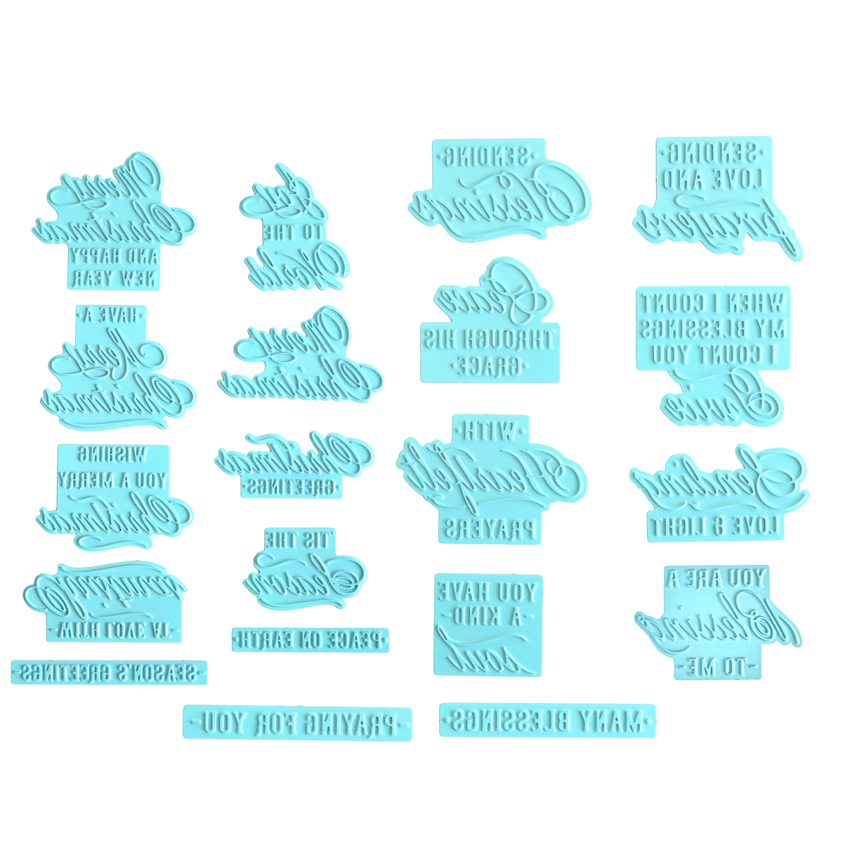 Fourteen blue plastic embossing stamps featuring reversed, cursive text for customizing messages on baked goods, arranged neatly on a white background—an ideal companion to the Gilded Small Sentiments Foil Plates Bundle or other hot foil plates for your Christmas crafting projects.