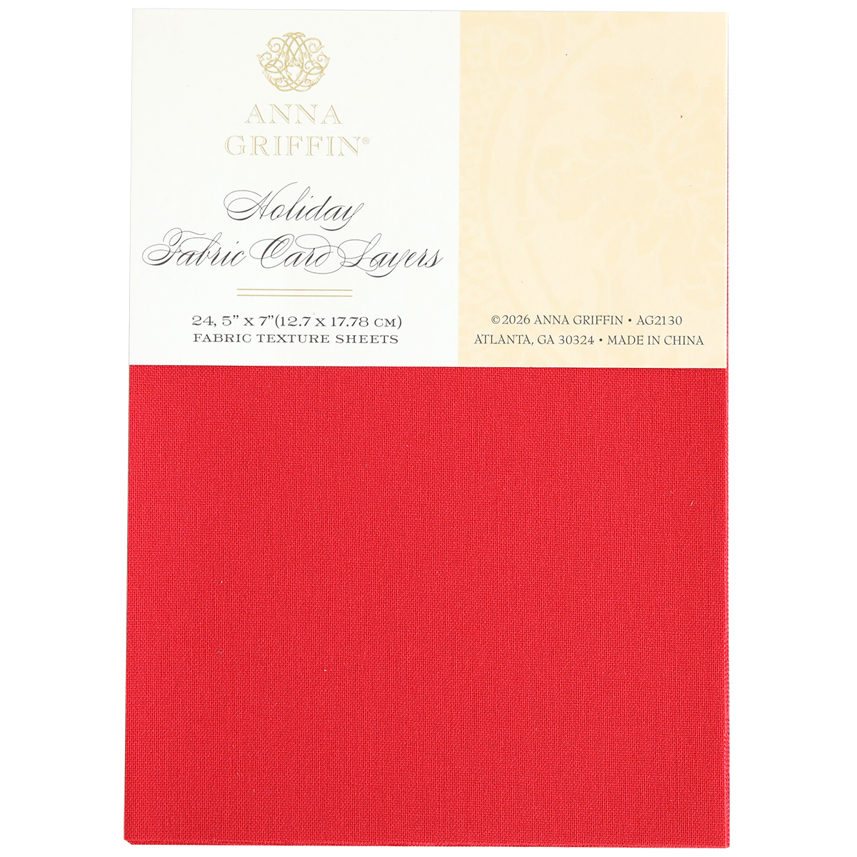 A package labeled "Holiday Fabric Card Layers" showcases a rich red fabric-texture sheet on the front, making it ideal for creating luxurious Christmas cards with elegant fabric cardstock.