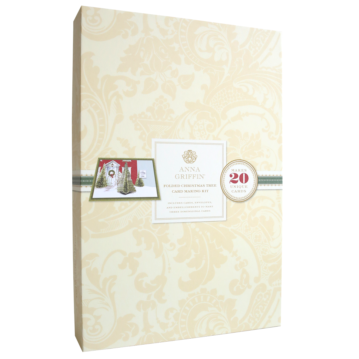Folded Christmas Tree Card Making Kit, cream-colored with an ornate pattern, includes materials to create 20 unique handmade Christmas cards featuring beautifully folded Christmas tree designs.