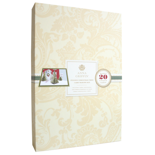 Folded Christmas Tree Card Making Kit, cream-colored with an ornate pattern, includes materials to create 20 unique handmade Christmas cards featuring beautifully folded Christmas tree designs.