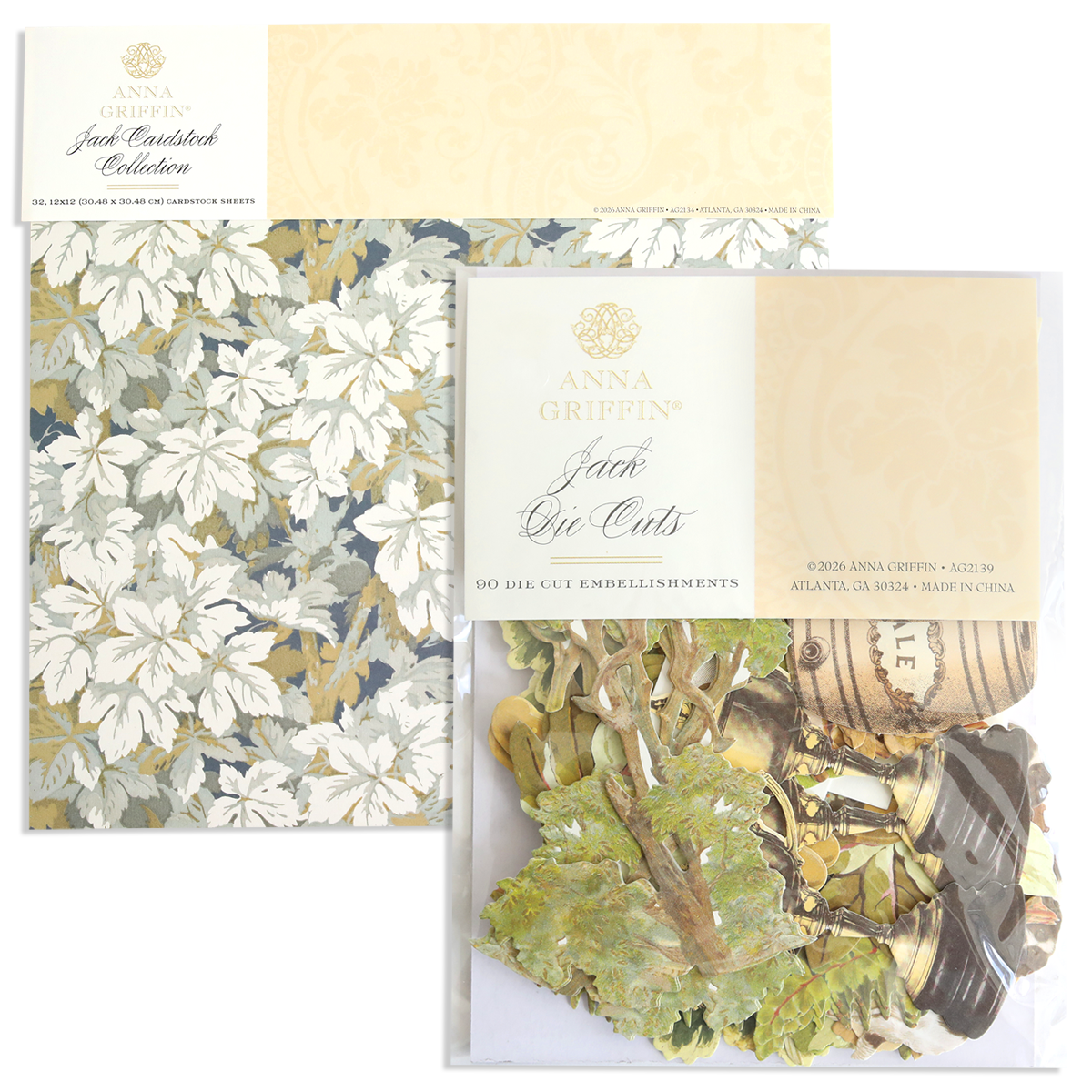Featuring the “Jack Collection,” the Anna Griffin Jack Double Sided Cardstock offers a white floral pattern ideal for scrapbook pages, while the matching Embellishments set includes assorted die cut accents—both perfect for creative projects.