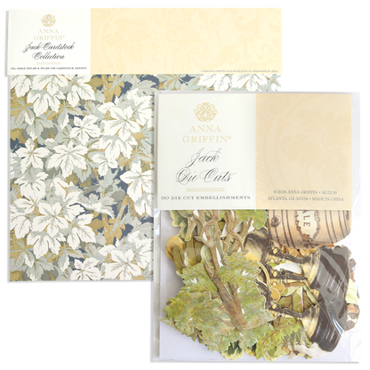 Featuring the “Jack Collection,” the Anna Griffin Jack Double Sided Cardstock offers a white floral pattern ideal for scrapbook pages, while the matching Embellishments set includes assorted die cut accents—both perfect for creative projects.