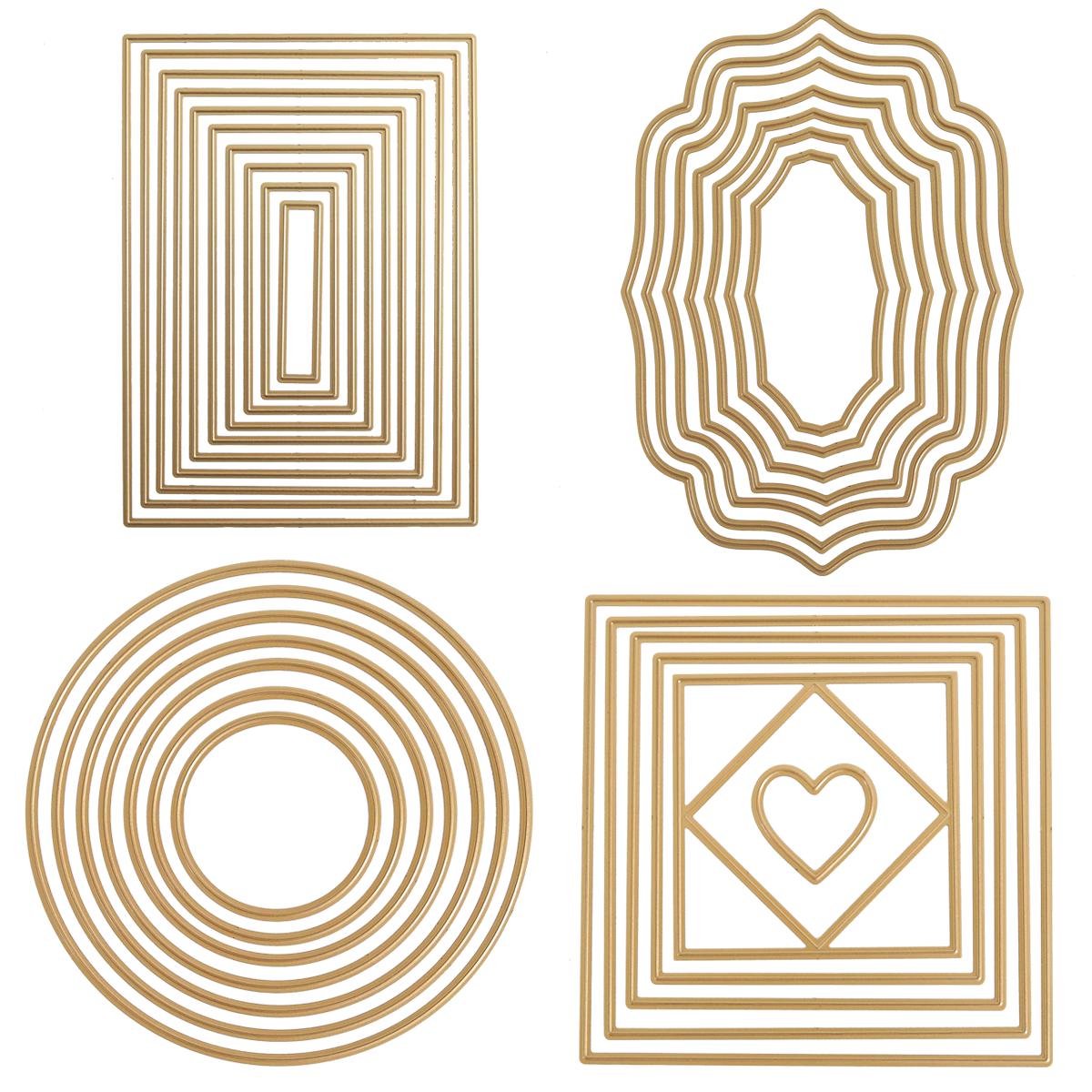 The Concentric Shape Dies Bundle (all 4 sets) includes gold metal dies in rectangles, ornate ovals, circles, and squares with a heart inside a diamond—ideal for cardmaking and layered die projects.