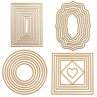 The Concentric Shape Dies Bundle (all 4 sets) includes gold metal dies in rectangles, ornate ovals, circles, and squares with a heart inside a diamond—ideal for cardmaking and layered die projects.