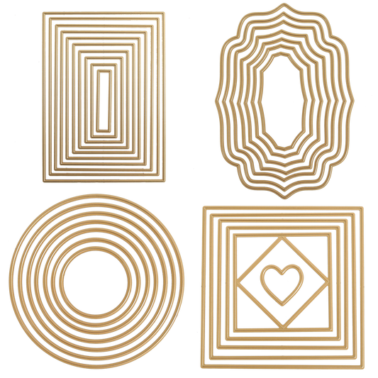 The Concentric Shape Dies Bundle (all 4 sets) includes gold metal dies in rectangles, ornate ovals, circles, and squares with a heart inside a diamond—ideal for cardmaking and layered die projects.
