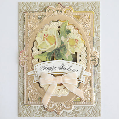 Add a touch of elegance to your card making and holiday crafts with Velvet Double Bows—luxurious cream velvet bows that beautifully complement ornate designs featuring features like embossed gold borders, white rose illustrations, and "Happy Birthday" banners.