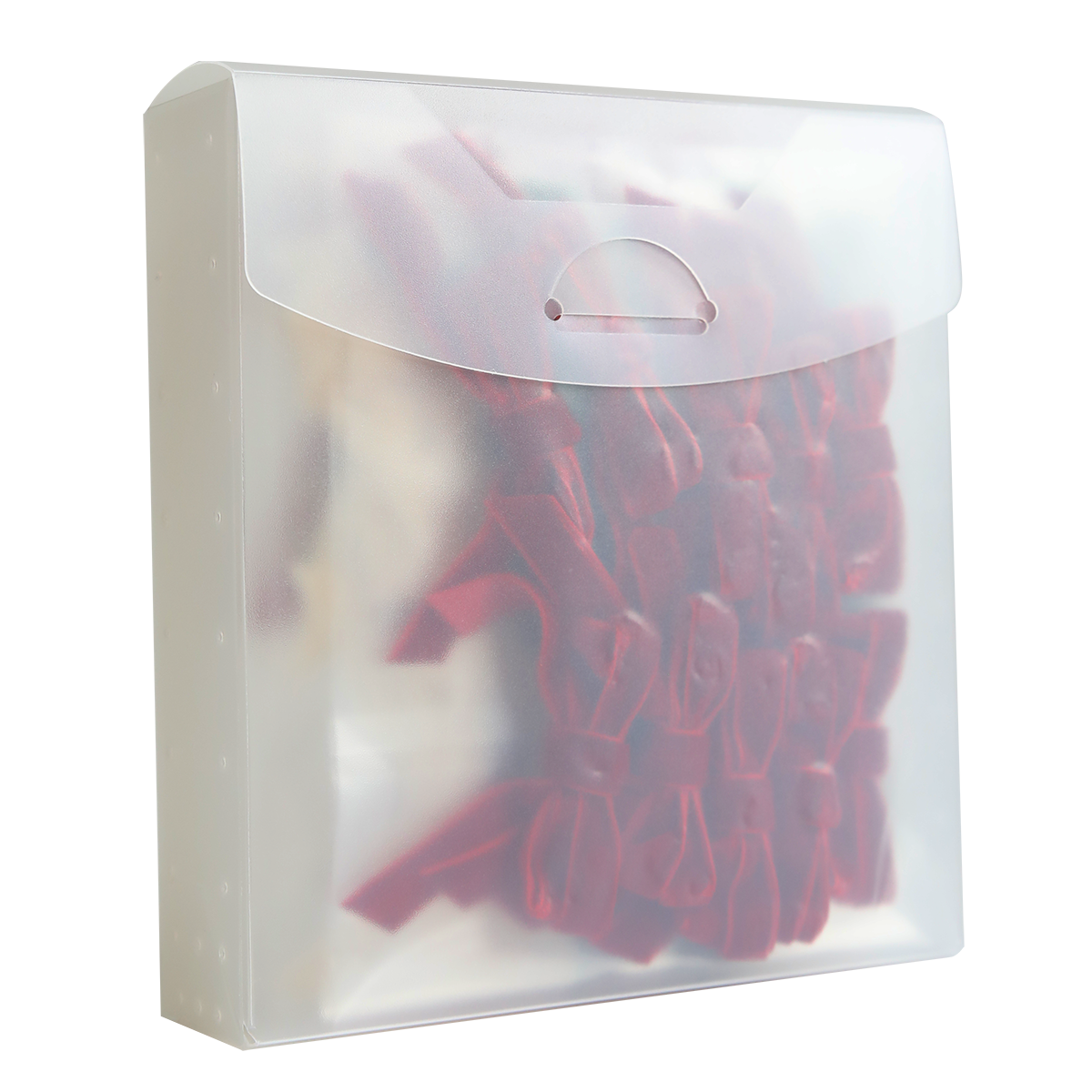 A translucent plastic storage box of Velvet Double Bows—red, velvet-finished embellishments perfect for holiday crafts and card making—featuring a flap closure and rounded edges, photographed against a white background.