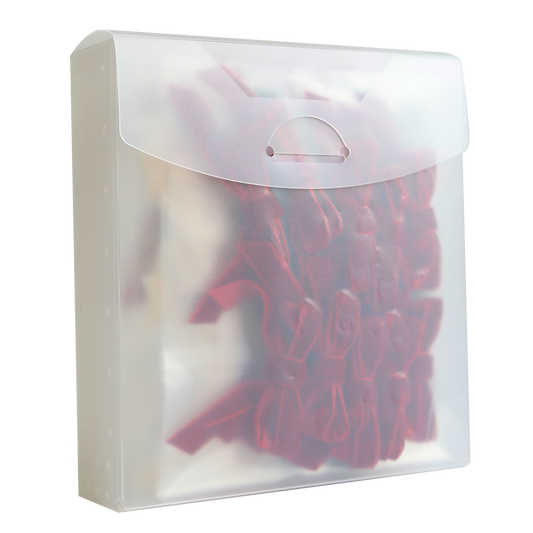 A translucent plastic storage box of Velvet Double Bows—red, velvet-finished embellishments perfect for holiday crafts and card making—featuring a flap closure and rounded edges, photographed against a white background.
