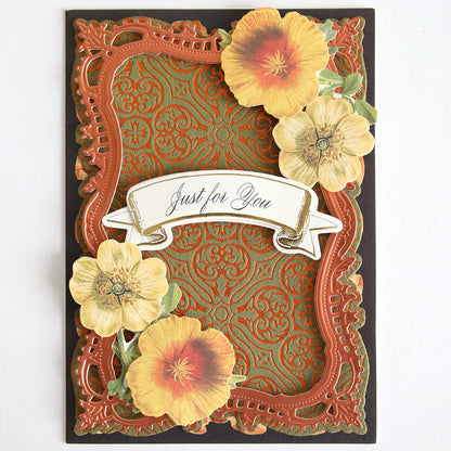 A decorative greeting card from the Perfect Palette Fall Foil collection, featuring ornate borders, floral accents, and a central banner reading “Just for You,” perfect for autumn paper crafting enthusiasts who enjoy making handmade cards.