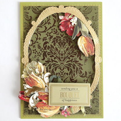 Greeting card with a gold ornate frame, floral decorations, and a label that reads “sending you a BOUQUET of happiness” on an olive green patterned background—perfect for autumn paper crafting or adding a special touch to your handmade cards.