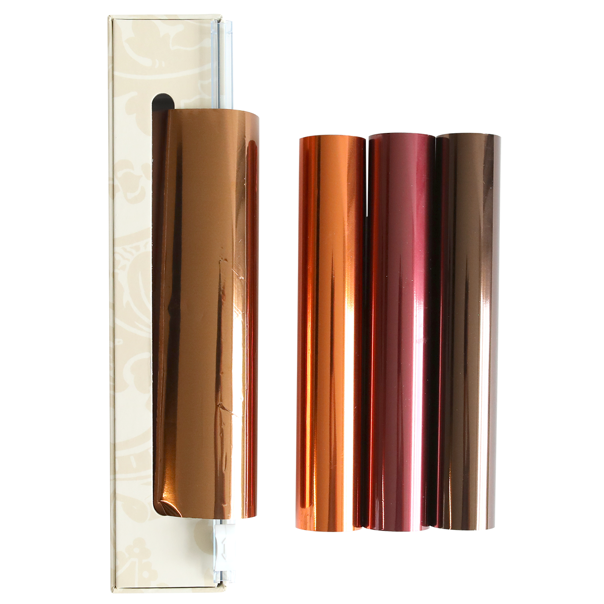 Four rolls from the Perfect Palette Fall Foil set—in copper, orange, rose gold, and bronze—are displayed next to a box on a white background, making them ideal for autumn paper crafting and adding a luxurious touch to handmade cards.
