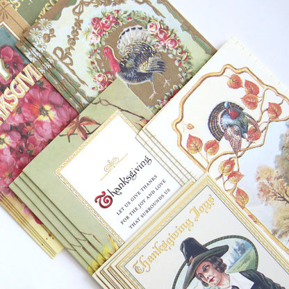 The Fall Thanksgiving Postcards and Embellishments set showcases vintage designs with turkeys, florals, and a Pilgrim, artfully layered on a white background—ideal for autumn paper crafts or as delightful fall-themed accents.