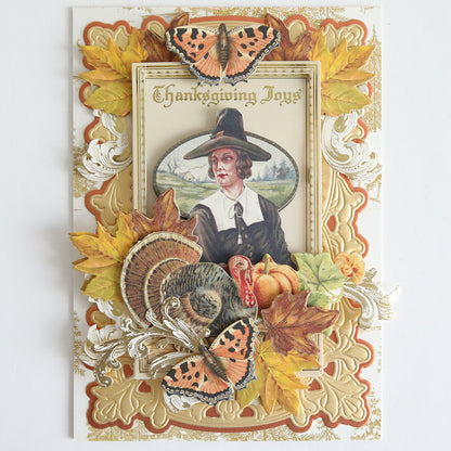 Bring creative inspiration to your autumn crafts with Fall Thanksgiving Postcards and Embellishments—featuring a vintage design of a Pilgrim woman, turkey, autumn leaves, butterflies, and “Thanksgiving Joys” in gold script—perfect for paper projects or adding to your Thanksgiving postcard collection.