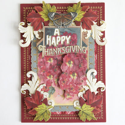 Add a festive touch to your collection with Fall Thanksgiving Postcards and Embellishments—these decorative cards feature red and pink flowers, ornate leaves, gold detailing, and a butterfly alongside the bold “A Happy Thanksgiving” greeting, making them perfect for anyone who loves fall designs or collects classic Thanksgiving postcards.